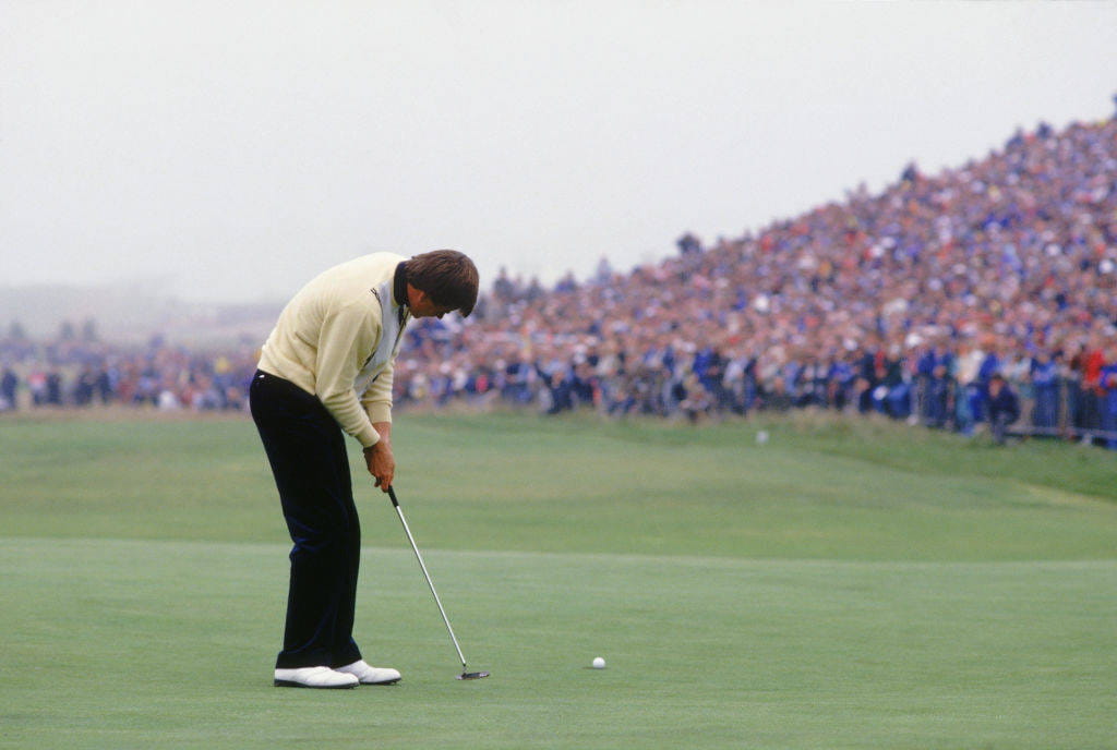 Nick Faldo holes the winning putt at Muirfield in 1987